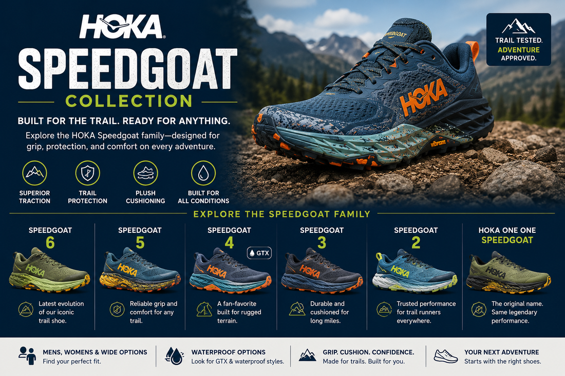 HOKA Speedgoat running shoes collection featuring Speedgoat 4, Speedgoat 3, Speedgoat 2, Hoka One One Speedgoat, mens and womens trail running shoes.