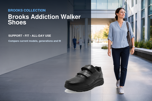 Brooks Addiction Walker Shoes collection banner featuring a Brooks shoe and relevant running or walking lifestyle scene
