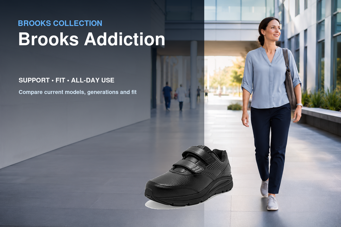 Brooks Addiction collection banner featuring a Brooks shoe and relevant running or walking lifestyle scene