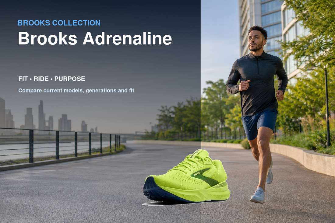 Brooks Adrenaline collection banner featuring a Brooks shoe and relevant running or walking lifestyle scene