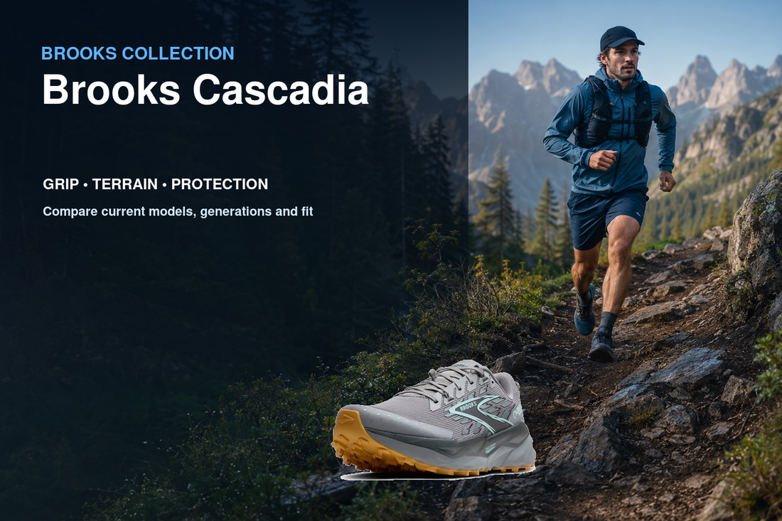 Brooks Cascadia collection banner featuring a Brooks shoe and relevant running or walking lifestyle scene