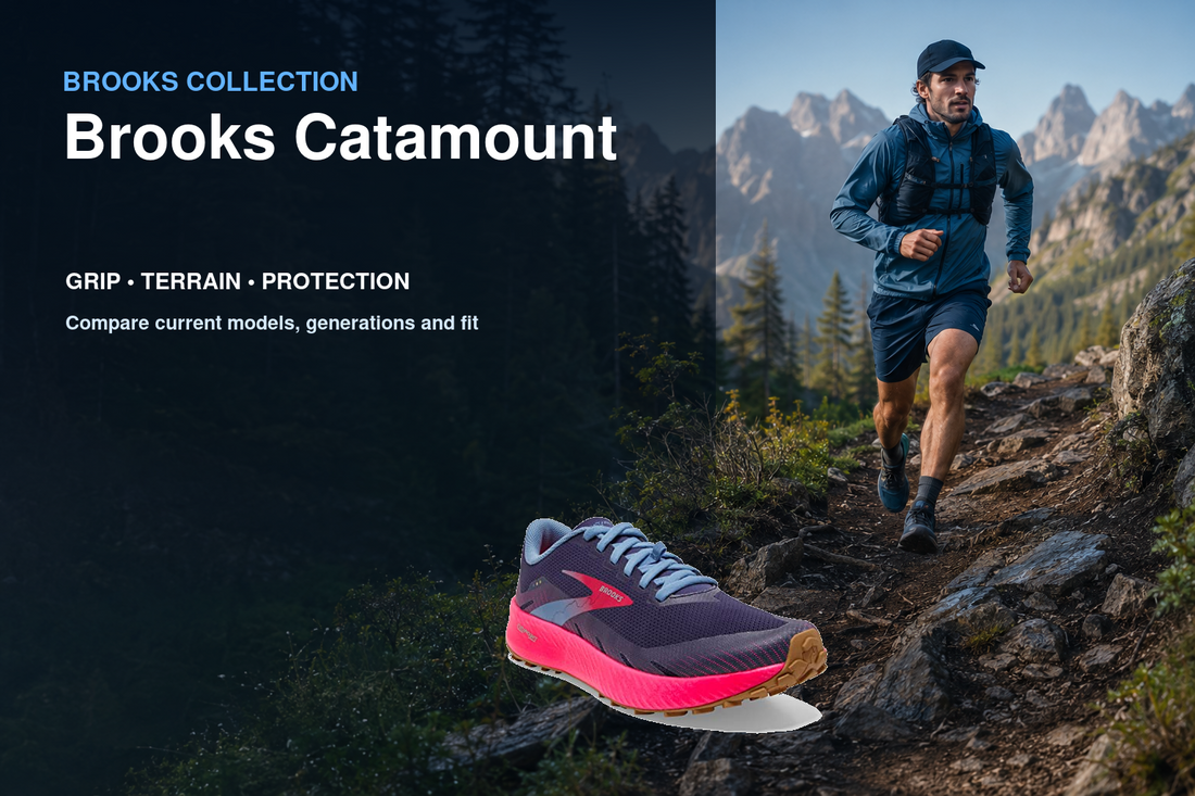 Brooks Catamount collection banner featuring a Brooks shoe and relevant running or walking lifestyle scene