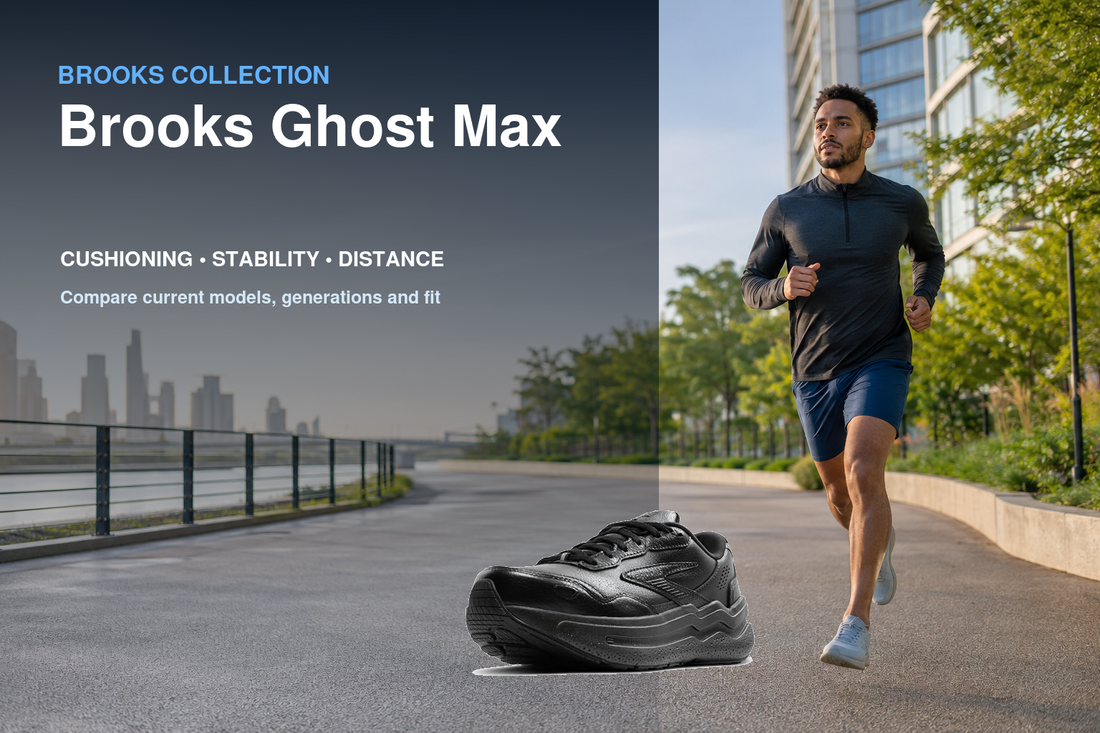 Brooks Ghost Max collection banner featuring a Brooks shoe and relevant running or walking lifestyle scene