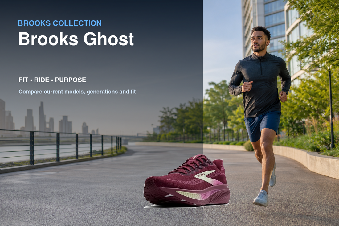 Brooks Ghost collection banner featuring a Brooks shoe and relevant running or walking lifestyle scene