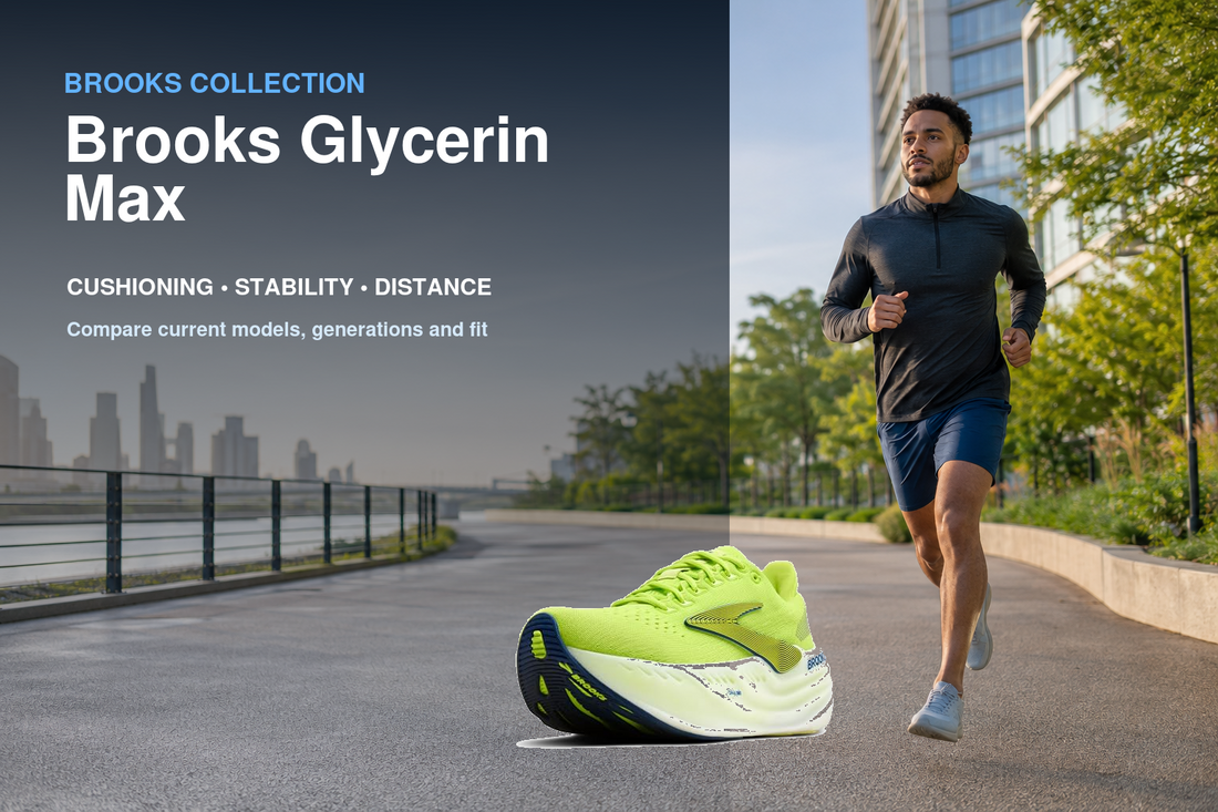Brooks Glycerin Max collection banner featuring a Brooks shoe and relevant running or walking lifestyle scene