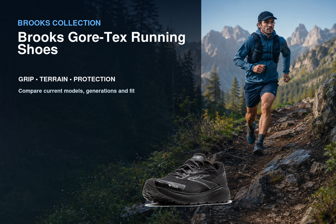 Brooks Gore-Tex Running Shoes collection banner featuring a Brooks shoe and relevant running or walking lifestyle scene