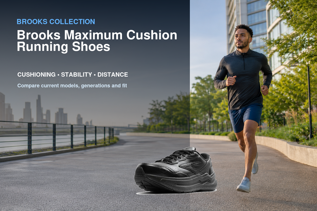 Brooks Maximum Cushion Running Shoes collection banner featuring a Brooks shoe and relevant running or walking lifestyle scene