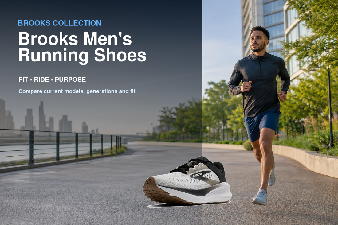 Brooks Men's Running Shoes collection banner featuring a Brooks shoe and relevant running or walking lifestyle scene