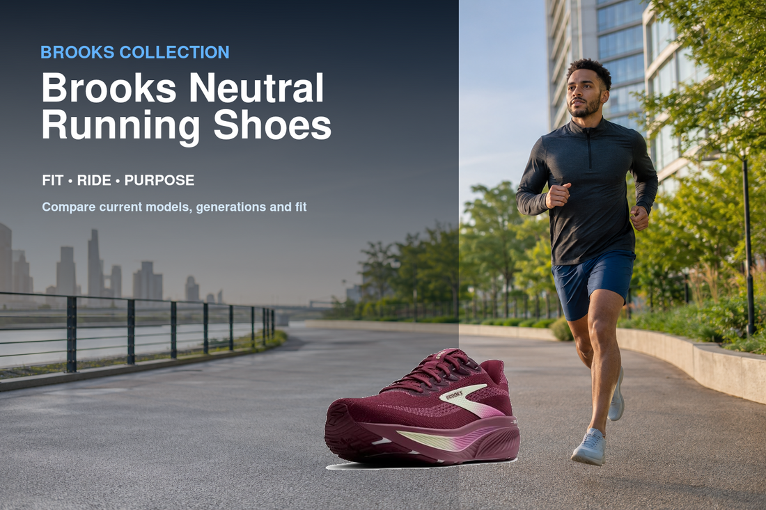 Brooks Neutral Running Shoes collection banner featuring a Brooks shoe and relevant running or walking lifestyle scene
