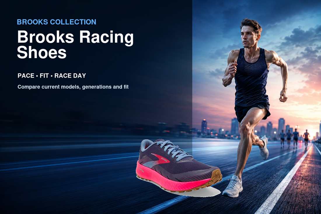Brooks Racing Shoes collection banner featuring a Brooks shoe and relevant running or walking lifestyle scene