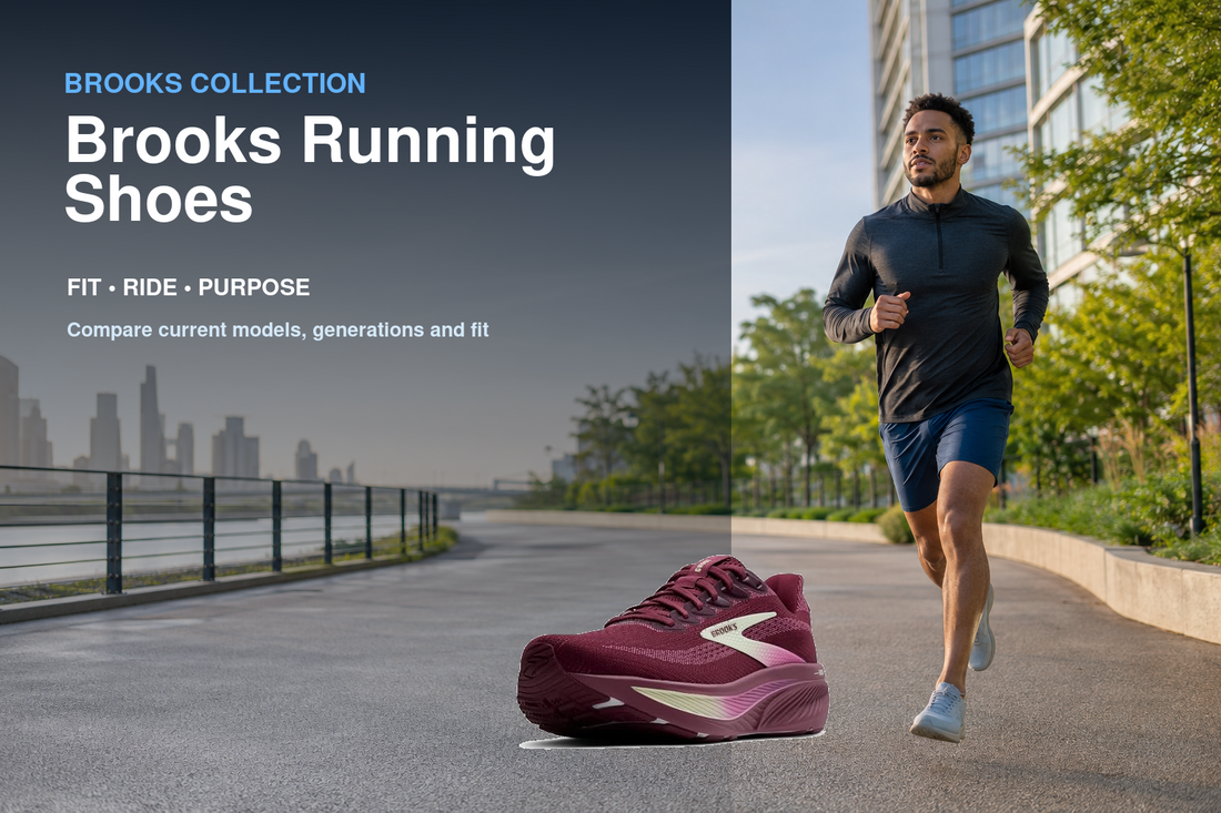 Brooks Running Shoes collection banner featuring a Brooks shoe and relevant running or walking lifestyle scene