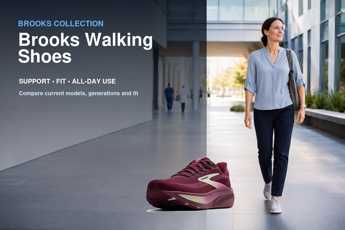 Brooks Walking Shoes collection banner featuring a Brooks shoe and relevant running or walking lifestyle scene