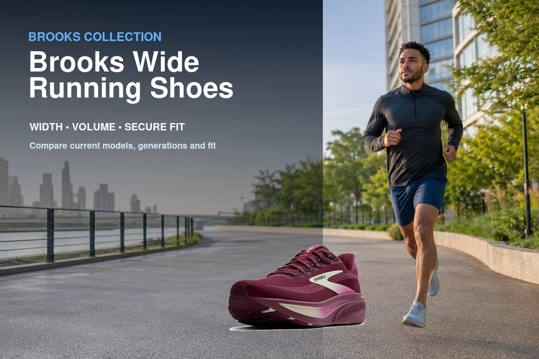Brooks Wide Running Shoes collection banner featuring a Brooks shoe and relevant running or walking lifestyle scene