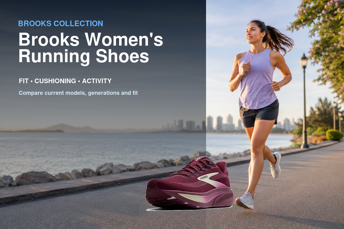 Brooks Women's Running Shoes collection banner featuring a Brooks shoe and relevant running or walking lifestyle scene
