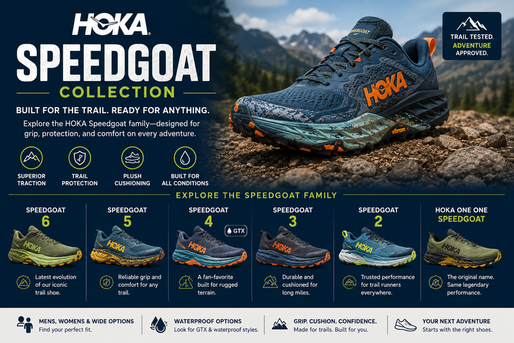 HOKA Speedgoat running shoes collection featuring Speedgoat 4, Speedgoat 3, Speedgoat 2, Hoka One One Speedgoat, mens and womens trail running shoes.