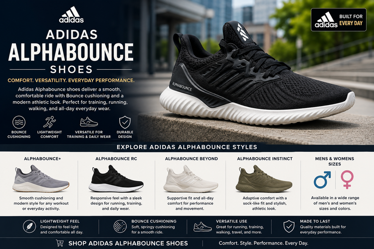 Adidas Alphabounce shoes collection featuring mens and womens Alphabounce styles, Adidas Bounce shoes, and comfortable running-inspired sneakers.