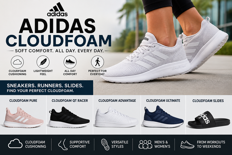 Adidas Cloudfoam collection image featuring Adidas Cloudfoam shoes, Cloudfoam Pure sneakers, Cloudfoam QT Racer, Cloudfoam Advantage, Cloudfoam Ultimate, Cloudfoam slides, and men’s and women’s Cloudfoam comfort styles.