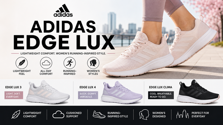 Adidas Edge Lux collection image featuring women’s Adidas Edge Lux running shoes, lightweight sneakers, Edge Lux 3, Edge Lux 4, Edge Lux Clima, purple Edge Lux shoes, and comfortable Adidas running-inspired styles.