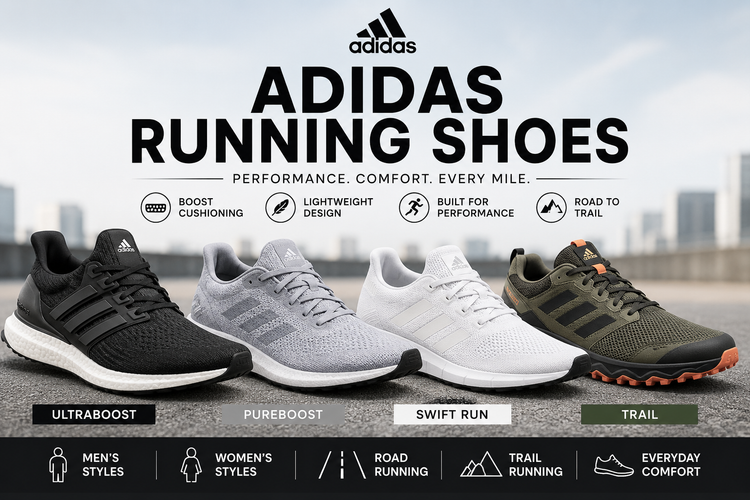 Adidas Running Shoes collection image featuring Adidas running shoes for men and women, Adidas trail running shoes, Ultraboost, Pureboost, Swift Run, Alphabounce, Cloudfoam, Rockadia, and lightweight running styles.
