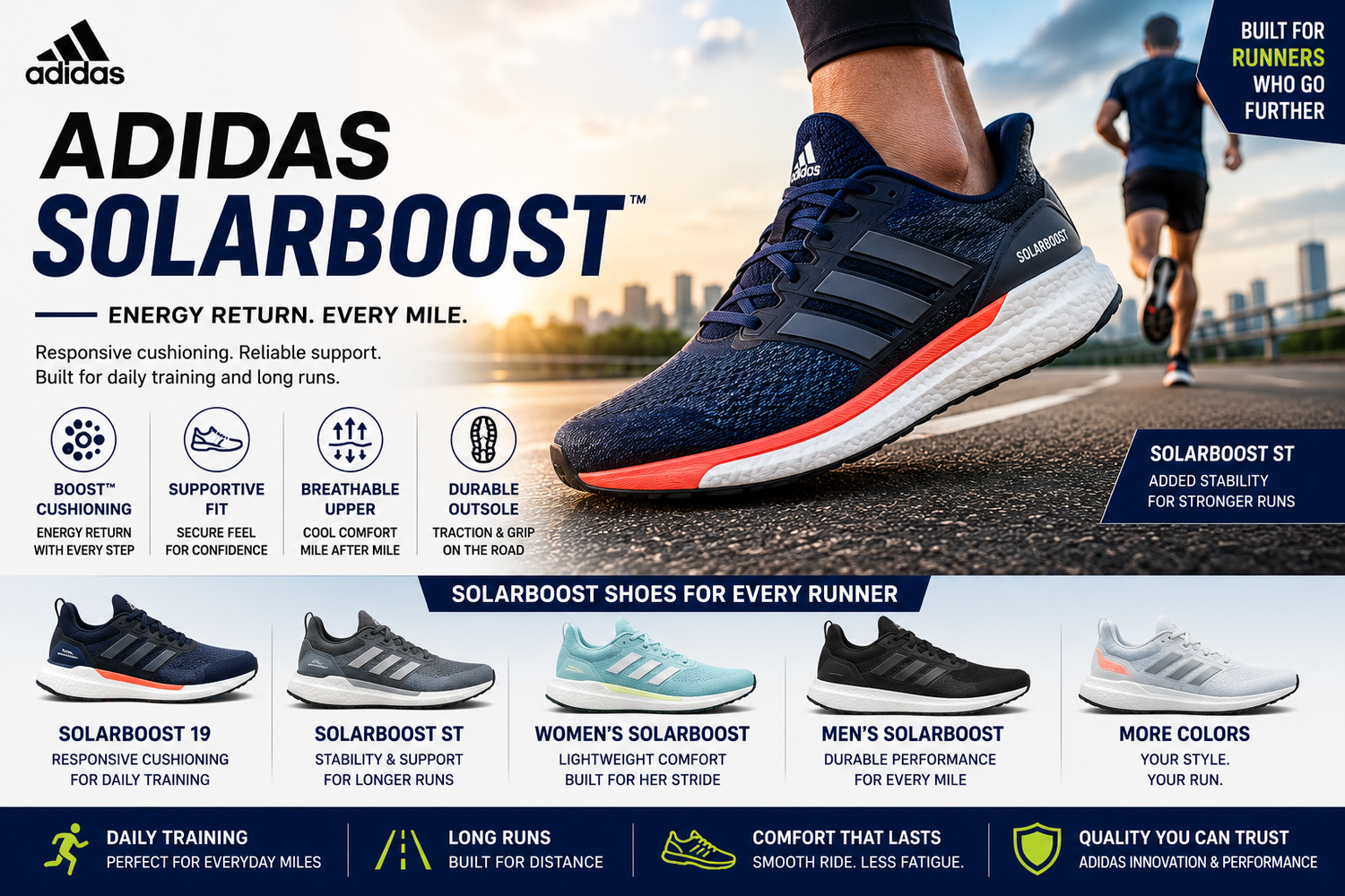 Adidas Solarboost collection banner featuring Adidas Solarboost and Solar Boost running shoes, Solarboost ST, Solarboost 19, men's and women's cushioned running shoes, and long-distance training footwear.