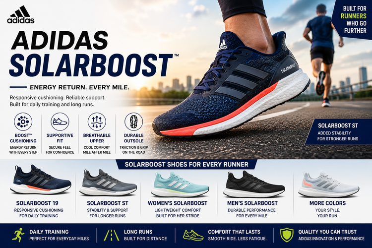 Adidas Solarboost collection banner featuring Adidas Solarboost and Solar Boost running shoes, Solarboost ST, Solarboost 19, men's and women's cushioned running shoes, and long-distance training footwear.