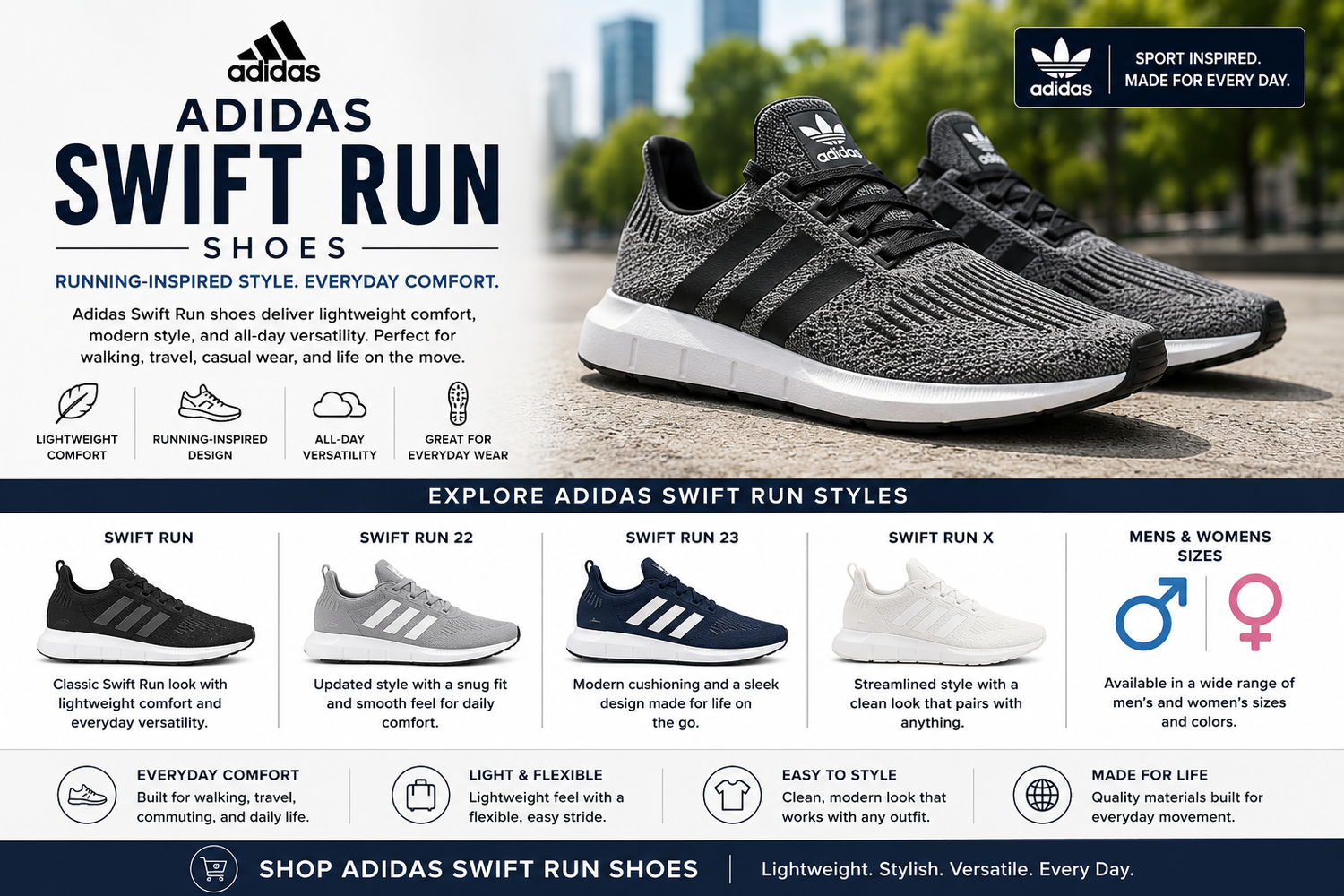 Adidas Swift Run shoes collection featuring mens and womens Swift Run sneakers and running-inspired Adidas shoes for everyday comfort.