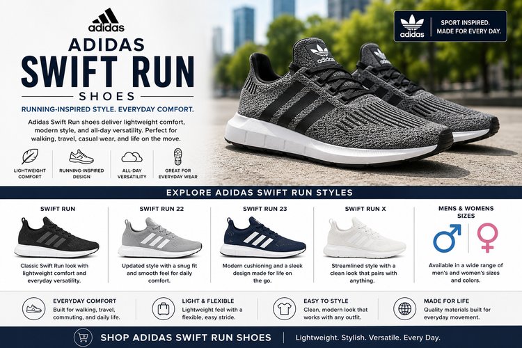 Adidas Swift Run shoes collection featuring mens and womens Swift Run sneakers and running-inspired Adidas shoes for everyday comfort.