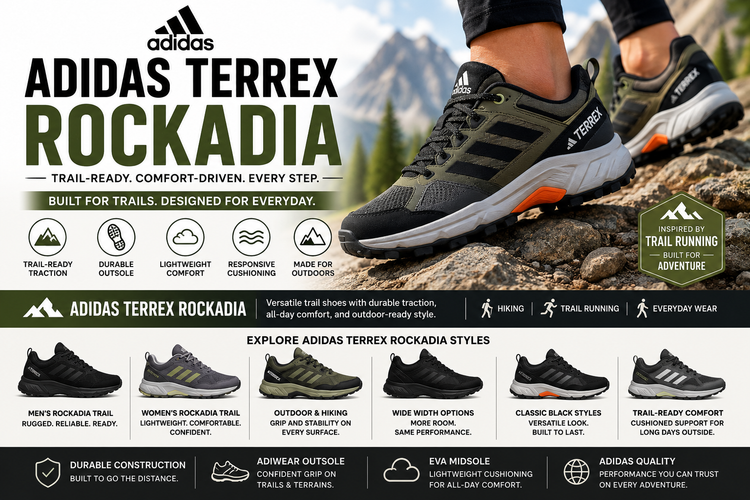 Adidas Terrex Rockadia collection image featuring Adidas Rockadia Trail shoes, men’s and women’s trail running shoes, hiking shoes, outdoor traction shoes, wide sizes, and black Adidas Rockadia styles.
