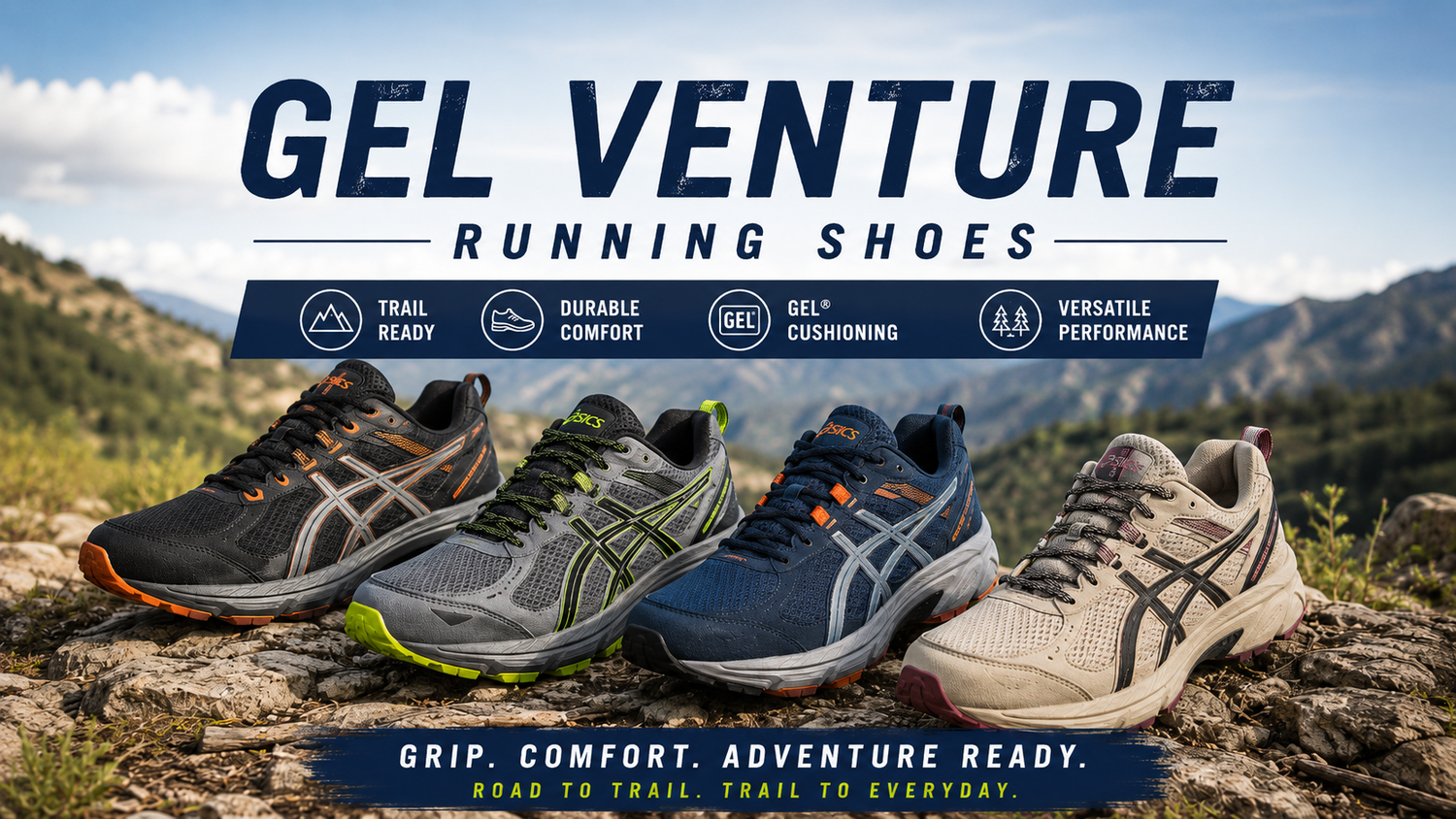 ASICS Gel Venture running shoes collection featuring trail-ready ASICS shoes for running, walking, and everyday comfort.