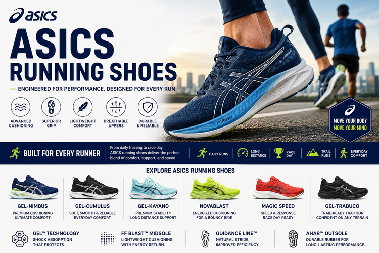 ASICS Running Shoes collection banner featuring ASICS running shoes for daily training, long distance, race day, trail running, Gel Nimbus, Gel Cumulus, Gel Kayano, Novablast, Magic Speed, and Gel Trabuco models.