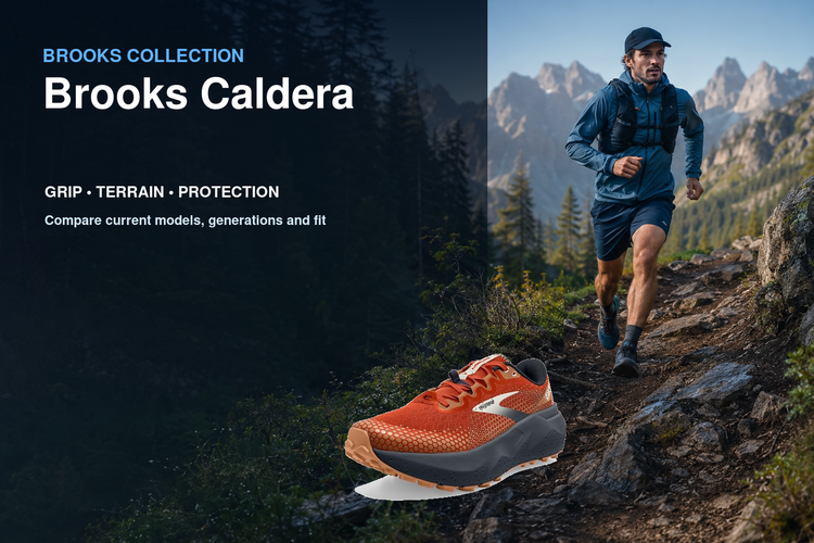 Brooks Caldera collection banner featuring a Brooks shoe and relevant running or walking lifestyle scene