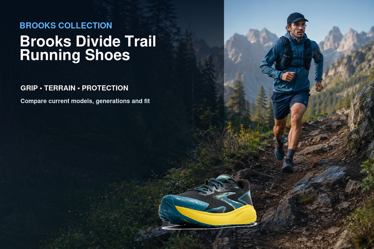 Brooks Divide Trail Running Shoes collection banner featuring a Brooks shoe and relevant running or walking lifestyle scene