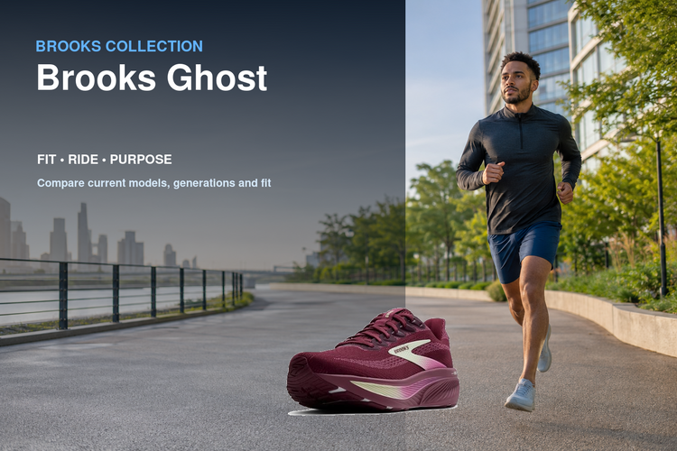 Brooks Ghost collection banner featuring a Brooks shoe and relevant running or walking lifestyle scene