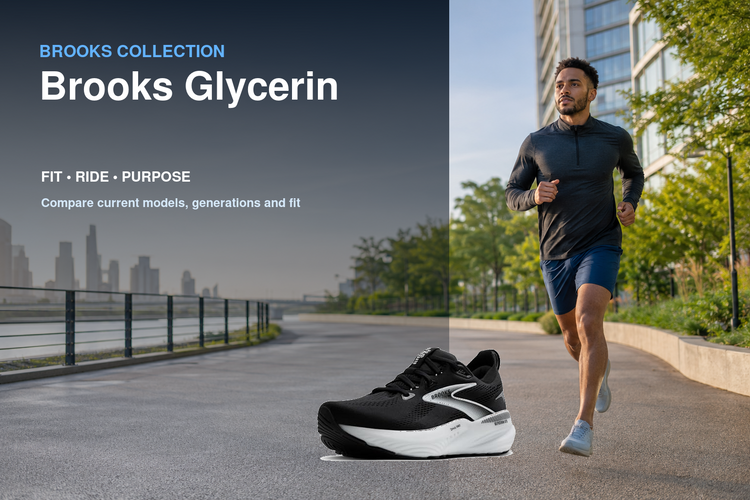 Brooks Glycerin collection banner featuring a Brooks shoe and relevant running or walking lifestyle scene