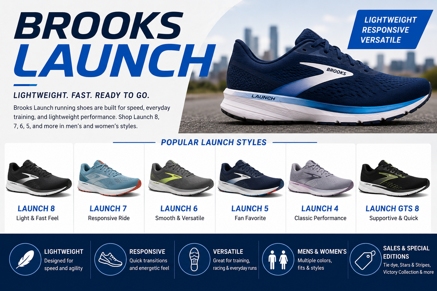 Brooks Launch collection image featuring Brooks Launch running shoes, Brooks Launch 8, Launch 7, Launch 6, Launch 5, Launch 4, Launch GTS 8, men’s, women’s, sale, tie dye, Stars and Stripes, Victory Collection, and lightweight running styles.