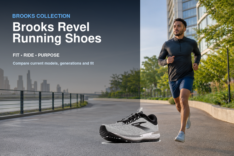 Brooks Revel Running Shoes collection banner featuring a Brooks shoe and relevant running or walking lifestyle scene