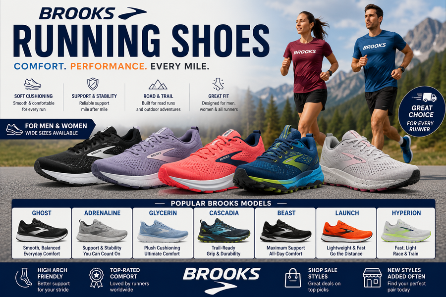 Brooks Running Shoes collection image featuring Brooks running shoes for men and women, Brooks road running shoes, trail running shoes, Ghost, Adrenaline, Beast, high-arch running shoes, black, purple, pink, red, orange, yellow.
