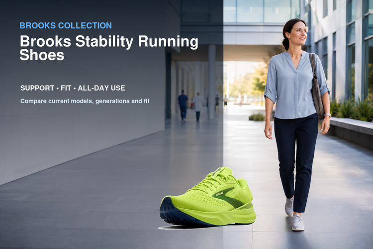 Brooks Stability Running Shoes collection banner featuring a Brooks shoe and relevant running or walking lifestyle scene
