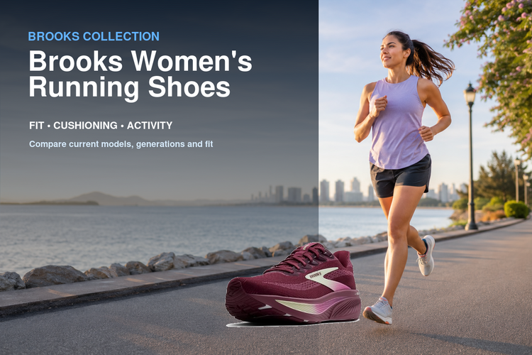 Brooks Women's Running Shoes collection banner featuring a Brooks shoe and relevant running or walking lifestyle scene