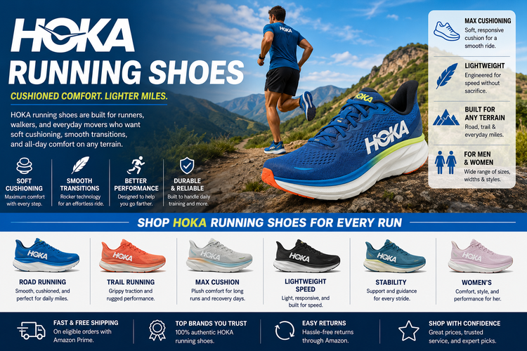 HOKA Running Shoes collection image featuring HOKA running shoes for men and women, HOKA trail running shoes, waterproof running shoes, road running shoes, Clifton, Bondi, Mach, Arahi, and Speedgoat models.