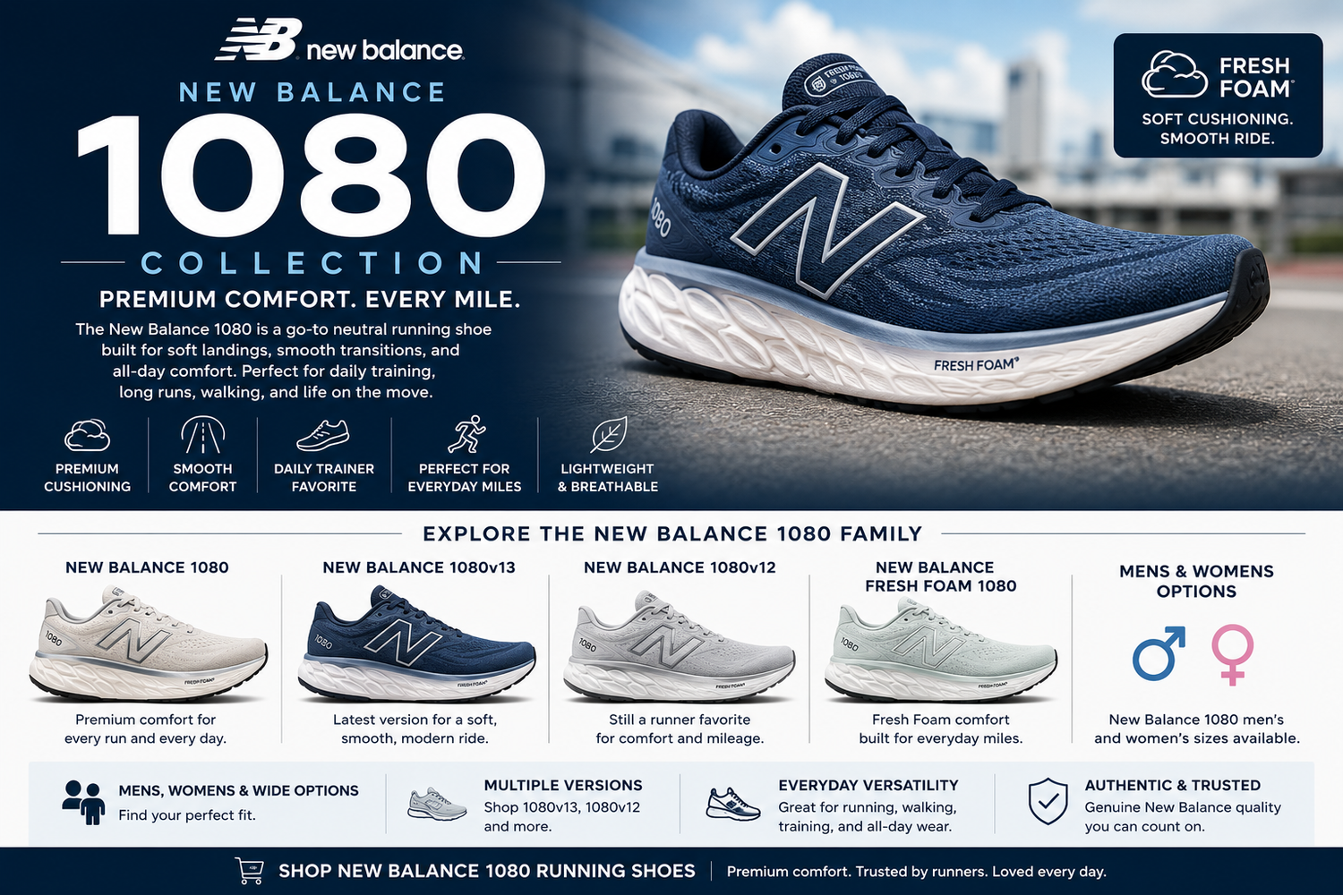 New Balance 1080 running shoes collection featuring 1080v13, 1080v12, Fresh Foam 1080, mens and womens cushioned daily trainers.