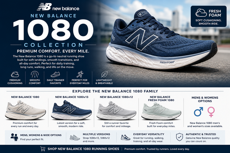 New Balance 1080 running shoes collection featuring 1080v13, 1080v12, Fresh Foam 1080, mens and womens cushioned daily trainers.