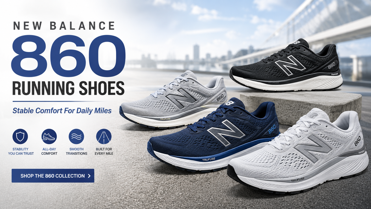 New Balance 860 running shoes collection featuring 860v14, 860v13, Fresh Foam 860, mens and womens stability running shoes.