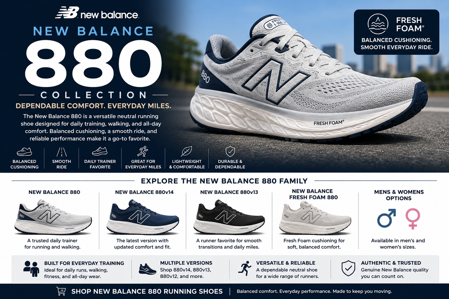 New Balance 880 running shoes collection featuring 880v14, 880v13, Fresh Foam 880, mens and womens daily running shoes.