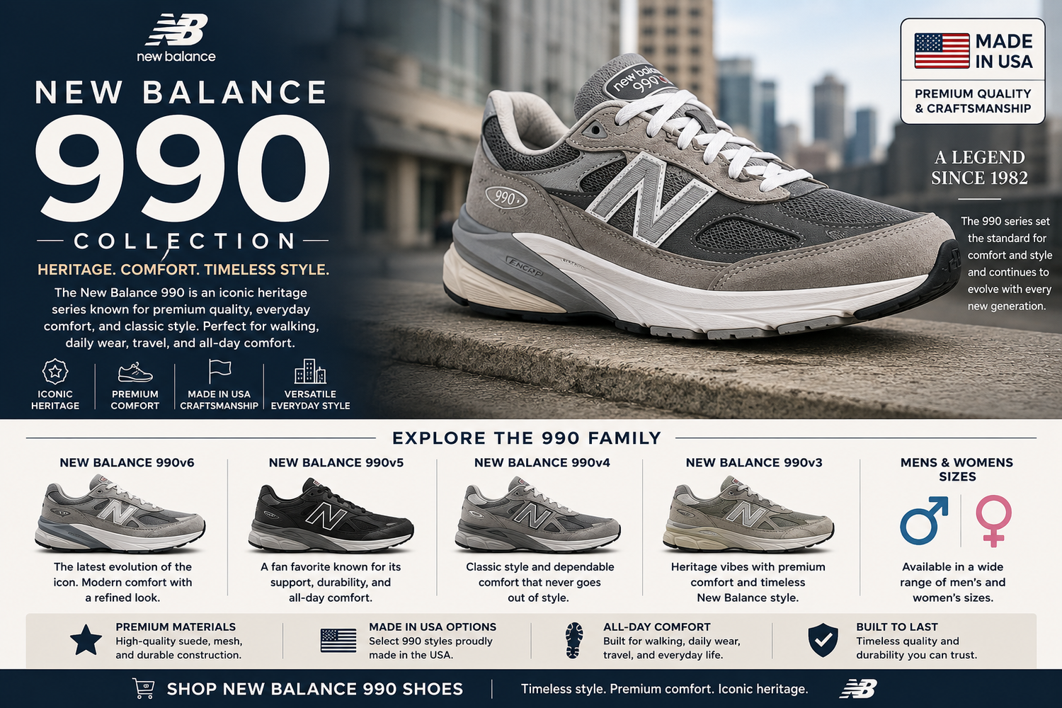 New Balance 990 shoes collection featuring 990v6, 990v5, 990v4, 990v3, Made in USA 990, mens and womens comfort sneakers.
