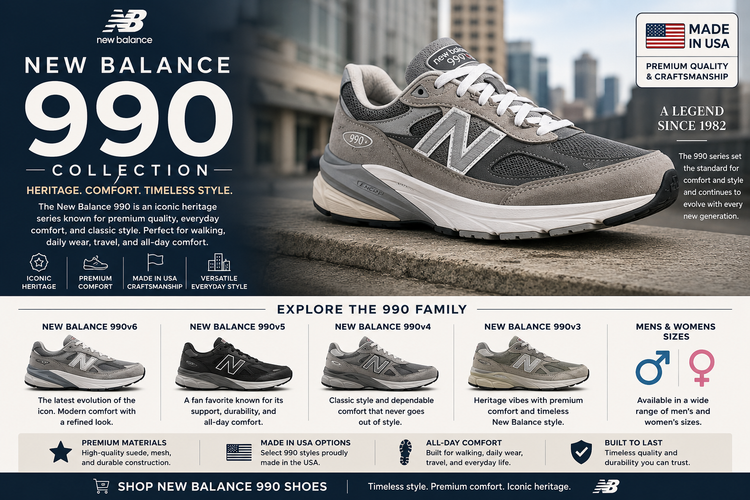 New Balance 990 shoes collection featuring 990v6, 990v5, 990v4, 990v3, Made in USA 990, mens and womens comfort sneakers.