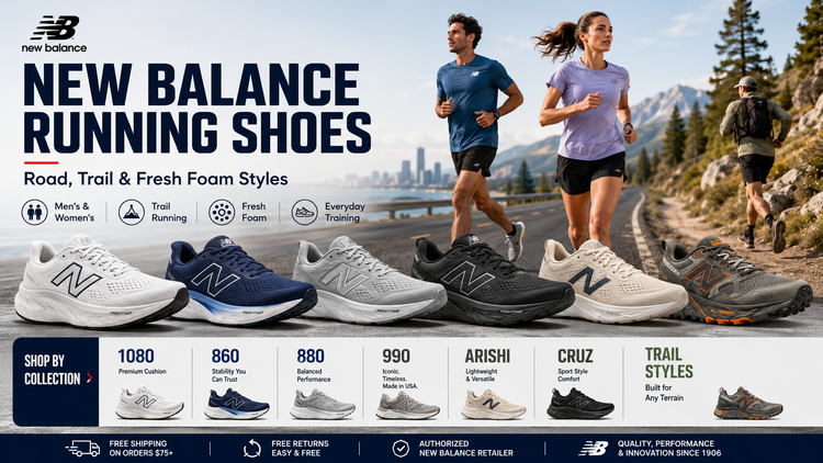 New Balance Running Shoes collection image featuring New Balance running shoes for men and women, trail running shoes, waterproof running shoes, Fresh Foam, 1080, 860, 880, 990, Arishi, Cruz, 510, and 481 models.