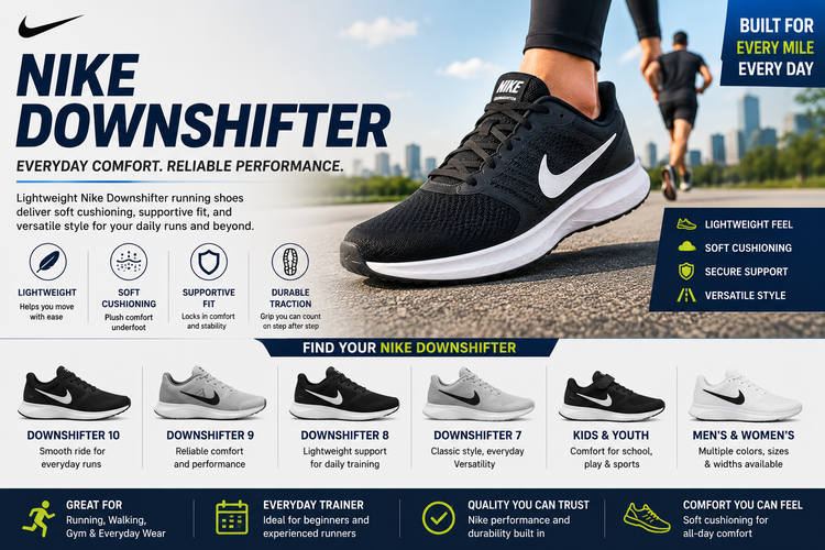 Nike Downshifter collection image featuring Nike Downshifter running shoes, Downshifter 10, Downshifter 9, Downshifter 8, Downshifter 7, men’s, women’s, kids, boys, and everyday running sneaker styles.