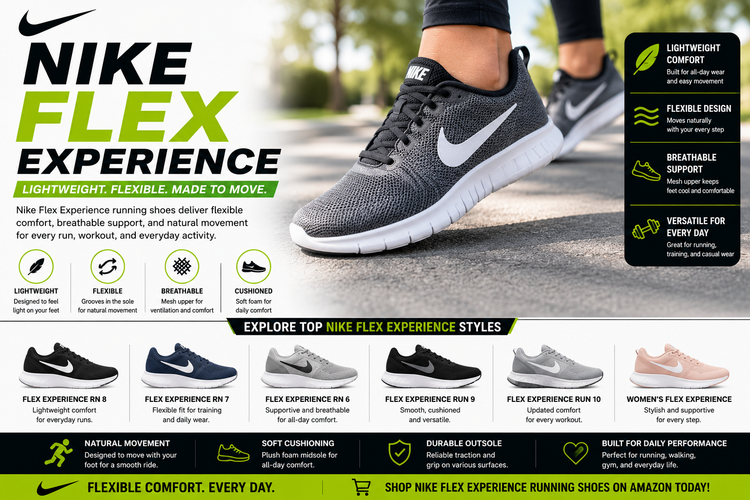 Nike Flex Experience collection image featuring Nike Flex Experience running shoes, Flex Experience RN 8, Run 10, Run 9, RN 7, RN 6, men’s, women’s, lightweight flexible trainers, black shoes, and rose gold styles.