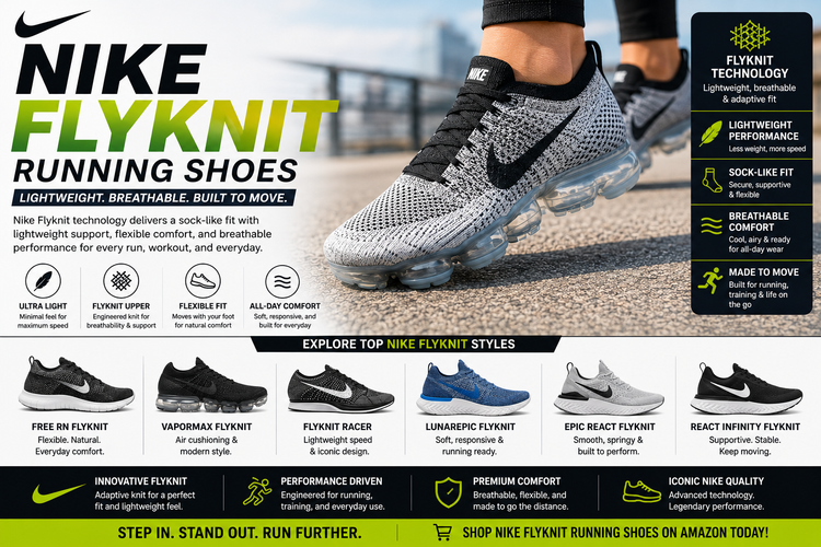 Nike Flyknit Running Shoes collection image featuring Nike Flyknit running shoes, Free RN Flyknit, Vapormax Flyknit, Flyknit Racer, Epic React Flyknit, Lunarepic Flyknit, React Infinity Flyknit, and men’s and women’s knit Nike running shoes.